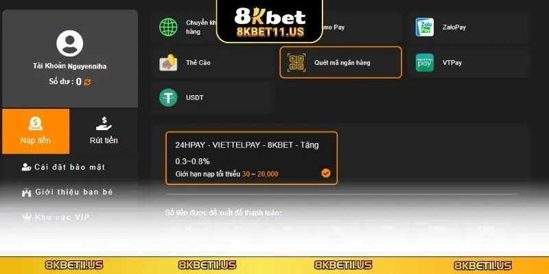 Nạp tiền 8KBET Quét QR tăng vốn cược nhanh gọn