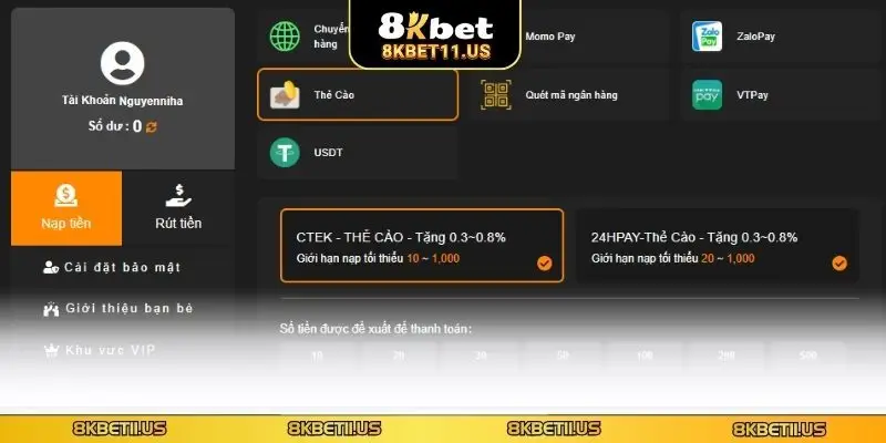 Nạp tiền 8KBET Quy trình nạp tiền 8KBET qua thẻ cào điện thoại